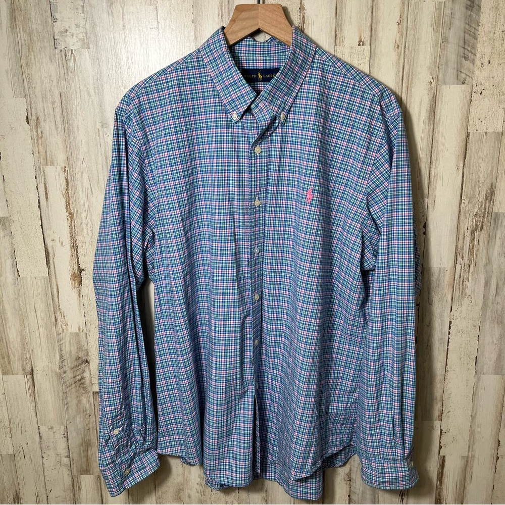 Polo Ralph Lauren Plaid Button Down Long Sleeve Shirt Pink Pony Mens XL - Picture 2 of 6